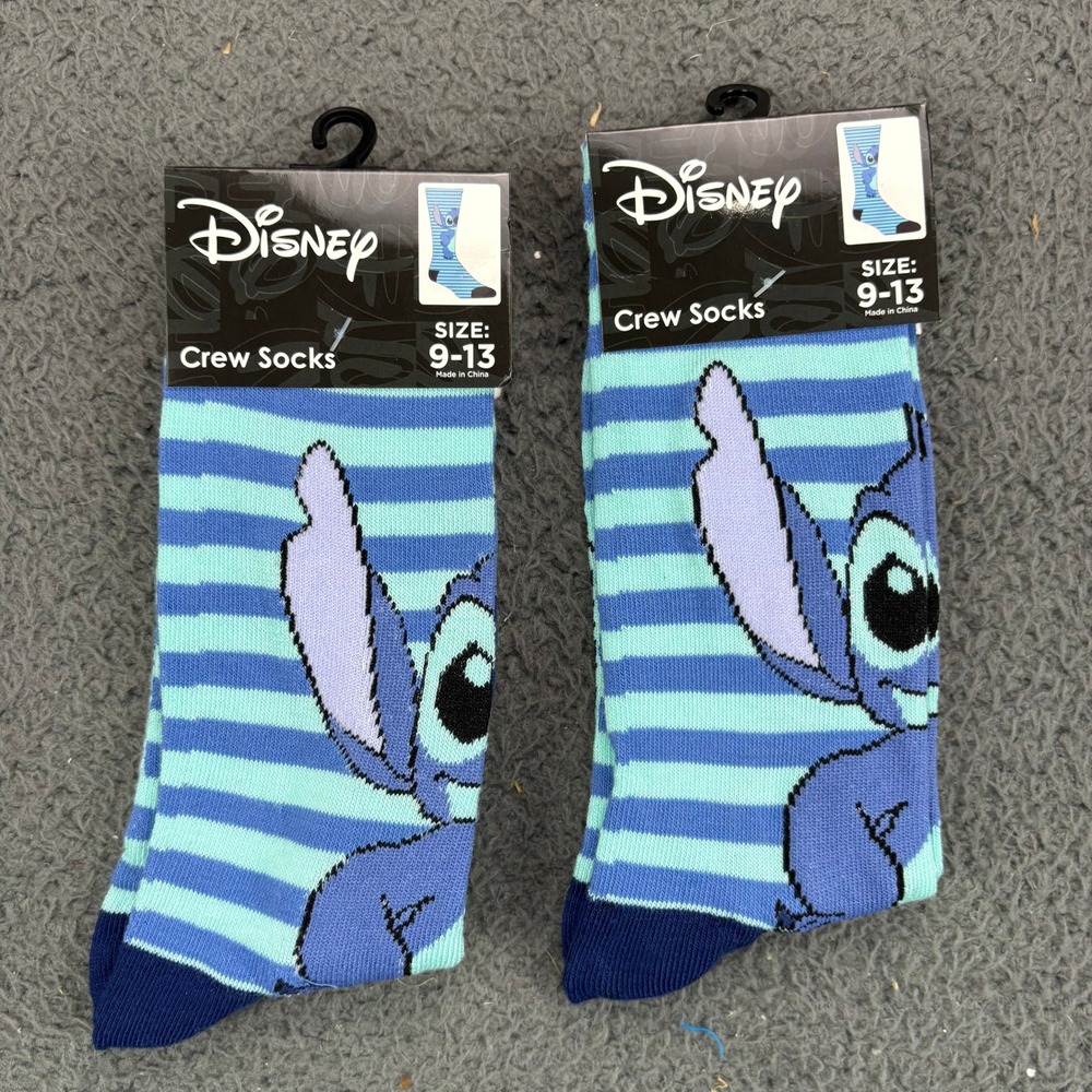 Disney Lilo and Stitch Crew Socks 2 Pairs Blue Striped‎ Size 9-13 New 416282